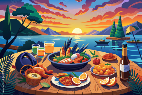 Croatian seafood platter on the Adriatic coast at sunset. Fresh shellfish and grilled dishes. Beach food. Mediterranean cuisine. Warm evening atmosphere.