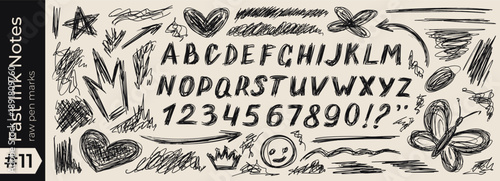 Pen squiggle random with texture messy alphabet and pencil scribble scratch. Tangle doodle sketch with line drawing marker and pattern ball scrawl. Vector illustration heart pen with note font texture