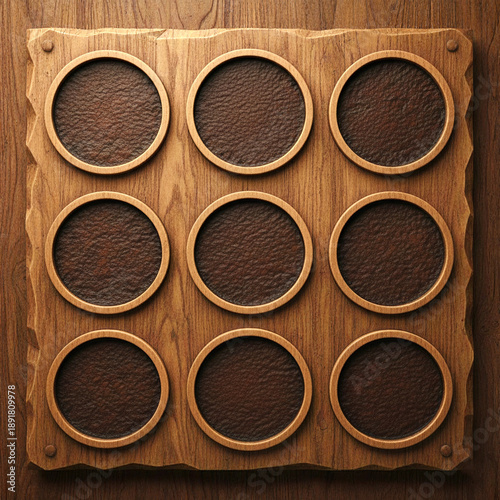 Handcrafted Rustic Wooden Board with Nine Circular Frames - Vintage Game Board or Display Template for Graphics and UI Design