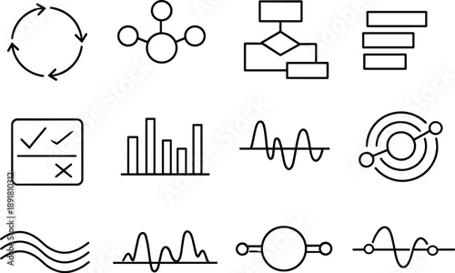 Line style vector icons of artificial intelligence productivity tools: cycle tile, cycle node, flow node, interval bar, feedback