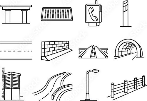 Line style vector icons of roadside infrastructure: bridge support, drainage grate, emergency phone box, roadside reflector post,
