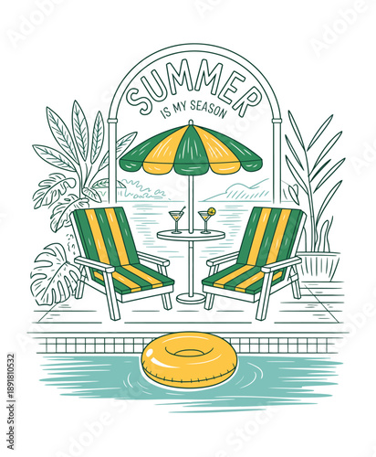Summer Resort Vintage Poster with Vector Hotel Swimming Pool, Retro Illustration of Lounger Chair and Table, Tropical Vacation Rest, Exotic Plants, Umbrella, and Hand Drawn Paradise Luxury Spa Print