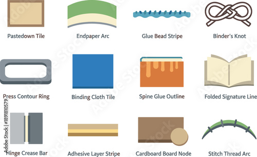 Bookbinding Tools Icons. Flat vector icons of bookbinding materials: pastedown tile, endpaper arc, glue bead stripe, binder’s knot