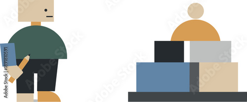 Calm abstract geometric figure stands beside final orderly arrangement of constrained shapes in wide empty space, representing