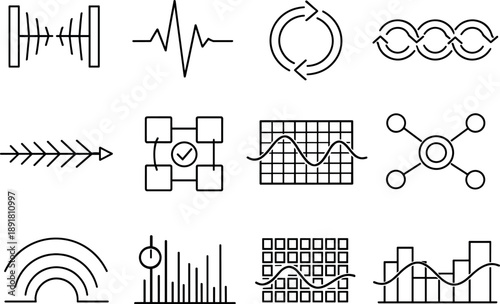 Line style vector icons of time management task organization tools: resonance bar, pulse stripe, cycle tile, cycle bar,