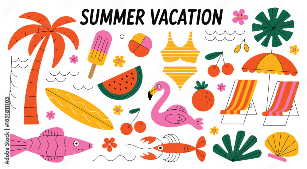 Obraz premium Summer Sea Vacation Vibes Vector Sticker Elements Set Featuring Tropical Aesthetic Holiday Themes, Cute Groovy Funky Cartoon Illustrations of Ocean Beach Activities, Drinks, and Exotic Plants