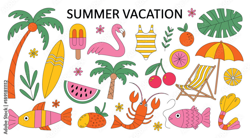 Obraz premium Summer Sea Vacation Vibes Vector Sticker Elements Set Featuring Tropical Aesthetic Holiday Themes, Cute Groovy Funky Cartoon Illustrations of Ocean Beach Activities, Drinks, and Exotic Plants