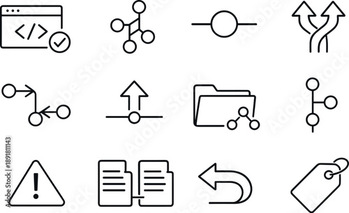 Line style vector icons of web development version control tools: version control, branch tree, commit node, merge arrows, pull