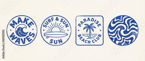A collection of four vintage-style blue and white surf and beach themed graphic designs, including waves, surfboards, sun, palm trees, and abstract patterns.