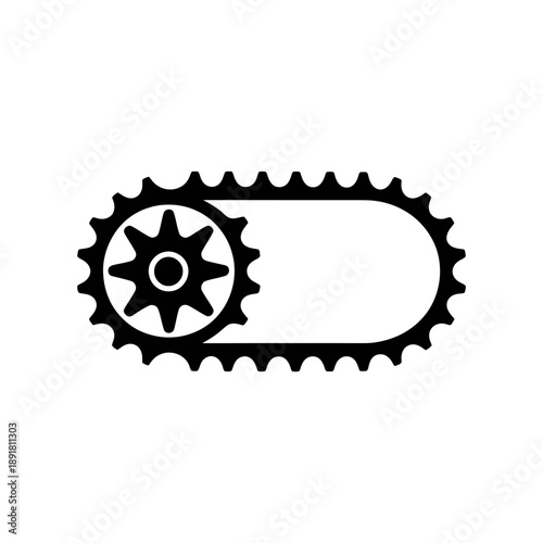 Gear and Chain Mechanism Icon. A clean, black silhouette vector icon depicting a mechanical gear connected to a chain-like element, forming an elongated, rounded shape.