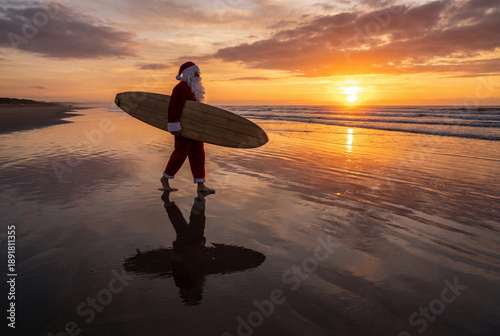 Santa Claus walks on a beach carrying a surfboard at sunset, with a beautiful reflection on the wet sand.