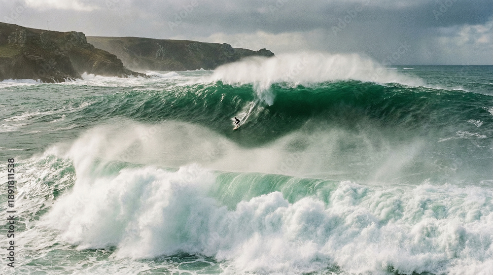 Naklejka premium A lone surfer skillfully rides a massive, powerful green wave crashing near rugged cliffs under a dramatic cloudy sky.