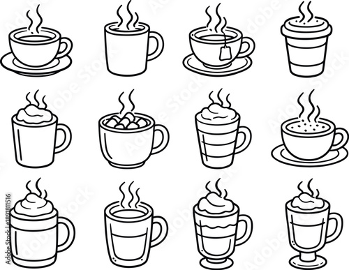 Line style vector icons of cozy drinks: cup, mug, tea, coffee; steam, liquid, handle, saucer; chocolate, cocoa, latte, cappuccino