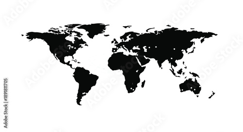 Black silhouette world map on white background global geography illustration for travel and navigation concepts