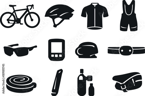 Solid vector icons of road cycling: road bike, aero helmet, cycling jersey, bib shorts, sunglasses, bike computer, cadence sensor