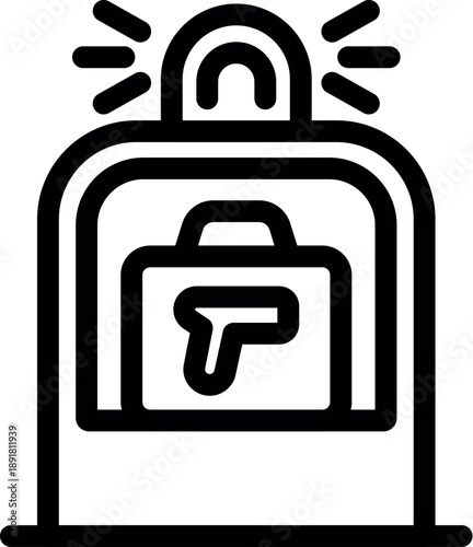 Airport security checkpoint with metal detector portal flashing alert light, indicating presence of prohibited item