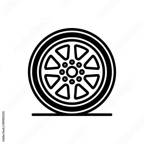 Black Car Wheel Rim Vector Icon on White Background. A sleek, black silhouette icon of a modern car wheel or alloy rim, isolated on a clean white background.