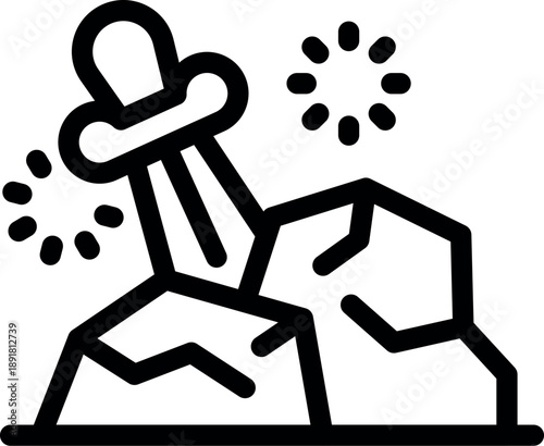 Excalibur sword stuck in the stone emitting sparks, concept of arthurian legend and power