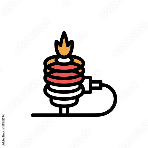 Bunsen Burner Laboratory Equipment Icon. A modern flat design icon depicting a Bunsen burner with a vibrant orange and yellow flame.