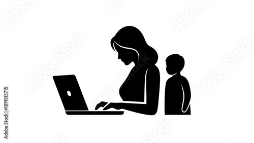 woman working on laptop with child.