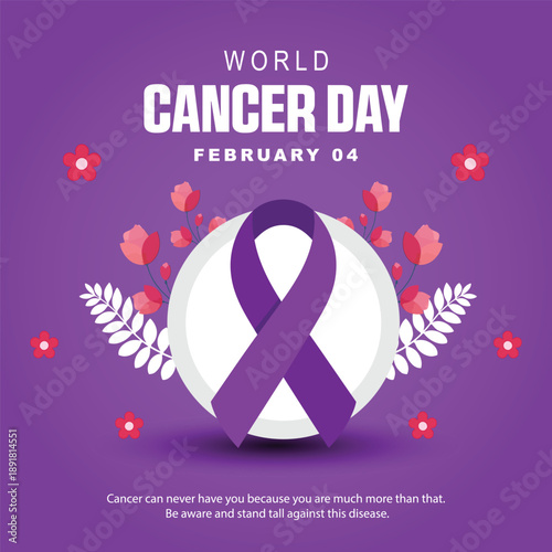 world cancer day awareness poster with purple ribbon and floral elements, cancer support symbol, february 4 health campaign illustration isolated on white background