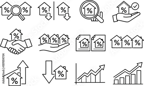 Line style of mortgage rate comparison vector icons: compare, contrast, analyze, choose; offer, deal, option, variant; arrowup,