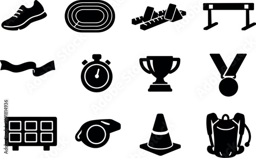 Solid vector icons of athletic performance: running shoe, sprint track, starting block, hurdle, finish line tape, stopwatch