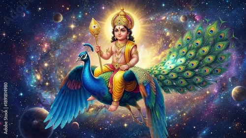 Lord murugan riding on a peacock through a vibrant cosmic galaxy background featuring planets and stars for thaipusam festival celebration and spiritual divine art