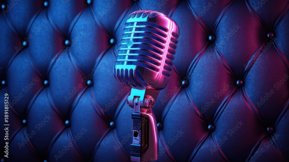 Obraz premium Vintage microphone on quilted background with neon lighting.
