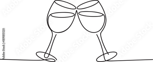 Hand drawn wine clinking glasses one line art,continuous drawing contour.one line vector illustration with out background