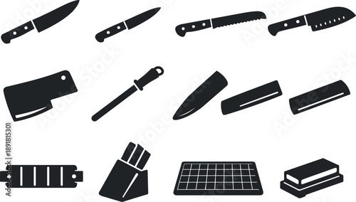 Solid vector icons of knife tools: chef knife, paring knife, bread knife, santoku knife, cleaver, honing rod, knife sheath, blade