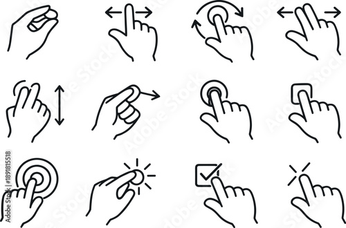 Touch Gesture Icons. Line style of Touch gesture vector icons: pinch, zoom, rotate, spread; scroll, flick, hold, press; focus,