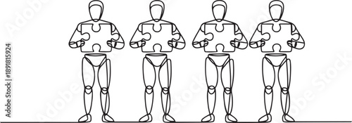 Single one line drawing four robotics artificial intelligence standing with each holding a puzzle pieces.one line vector illustration with out background
