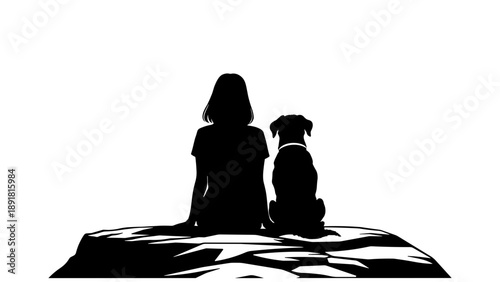 Black silhouettes of a woman and a dog sitting on a mountain peak from the back, without background.