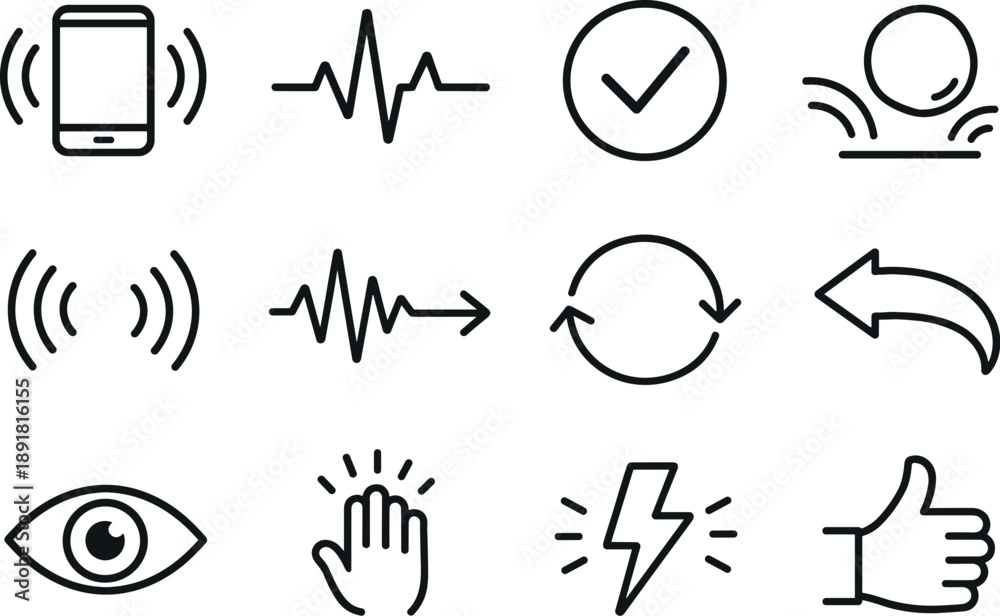 © Valentyna - Line style of haptic feedback vector icons: vibration, pulse, tick, bounce; signal, response, loop, return; sense, perceive,