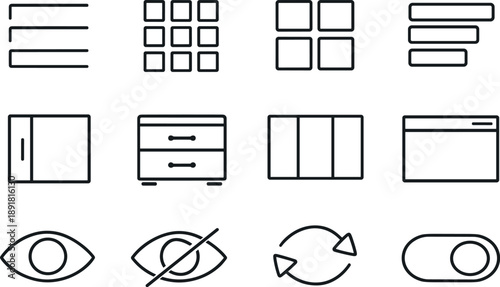Line style vector icons of Navigation menu icons: list, grid, tiles, stack; sidebar, drawer, panel, window; show, hide, toggle,