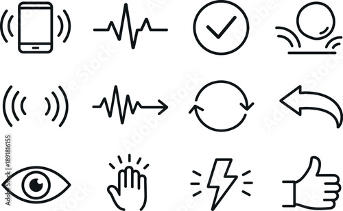 Line style of haptic feedback vector icons: vibration, pulse, tick, bounce; signal, response, loop, return; sense, perceive,