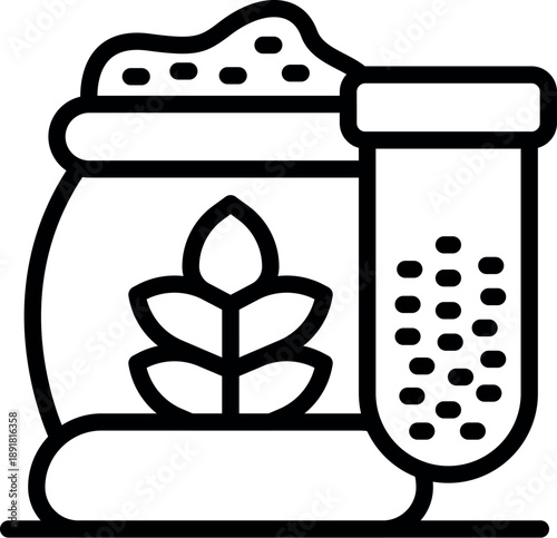 Bag of wheat flour and test tube containing grains, symbolizing food analysis, quality control, and the importance of testing ingredients in food production