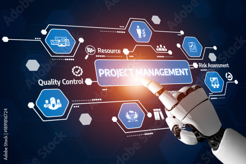 Wallpaper Mural A futuristic robot hand touches a digital panel displaying project management icons, symbolizing innovation and technology in business workflow efficiency and strategy. Tessel Torontodigital.ca