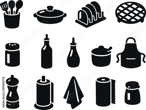 Solid vector icons of cooking accessories: utensil holder, pot lid, lid organizer, trivet, spice jar, oil bottle, vinegar bottle,