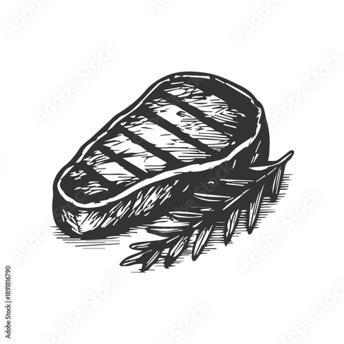 Grilled beef steak barbecue, food sketch with rosemary branch