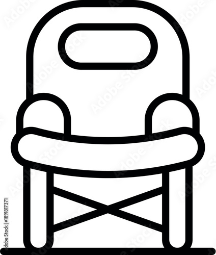 Simple, bold line drawing of a folding camping chair, ideal for representing outdoor adventures, portability, and relaxation