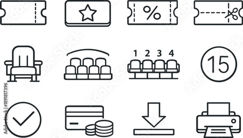 Line style vector icons of ticket booking: ticket, pass, voucher, coupon; seat, section, row, number; confirm, pay, download,