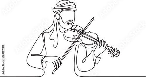 Single one line drawing Arabian man musician playing violin.one line vector illustration with out background