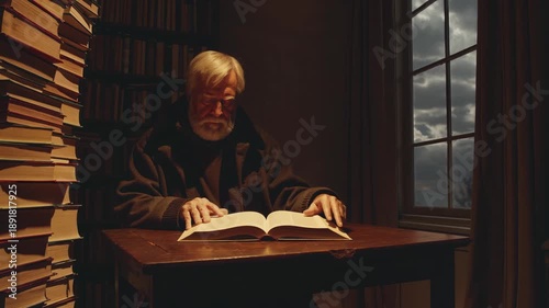 Elderly scholar with beard reading vintage book at wooden table. Professor sits between stacks of books. Man studies text in quiet room. Reading brings knowledge and wisdom to elderly scholar