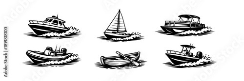 Boat Illustration Set – Vintage Engraving Style Boats and Sailboat with Water Splash
