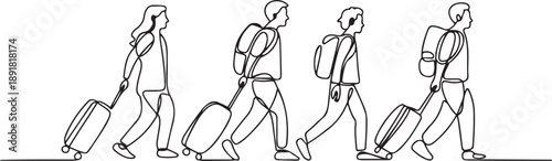 People walking with luggage continuous one line vector drawing. Tourists in airport hand drawn character.one line vector illustration with out background