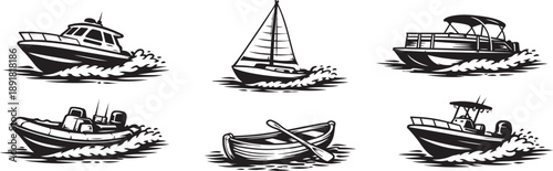 Boat Illustration Set – Vintage Engraving Style Boats and Sailboat with Water Splash