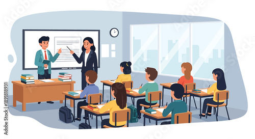 Diverse students learning in a modern classroom with teachers.