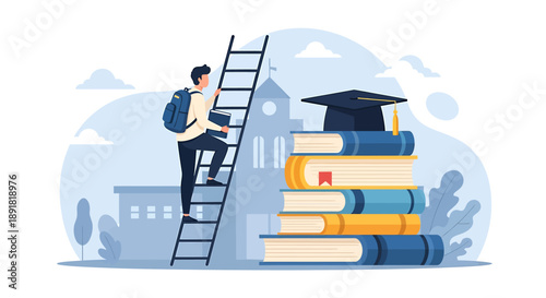 Student climbing ladder to graduation cap on books.